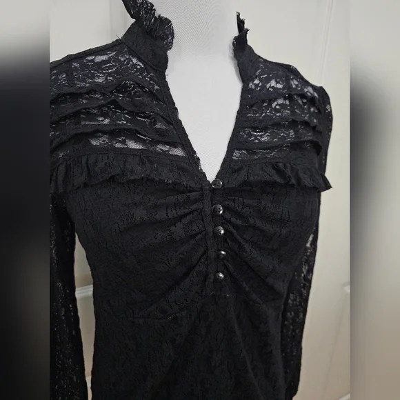 Apt 9 Black Lace v neck Ruffle Detail Long Sleeve Top Blouse S - Picture 2 of 8